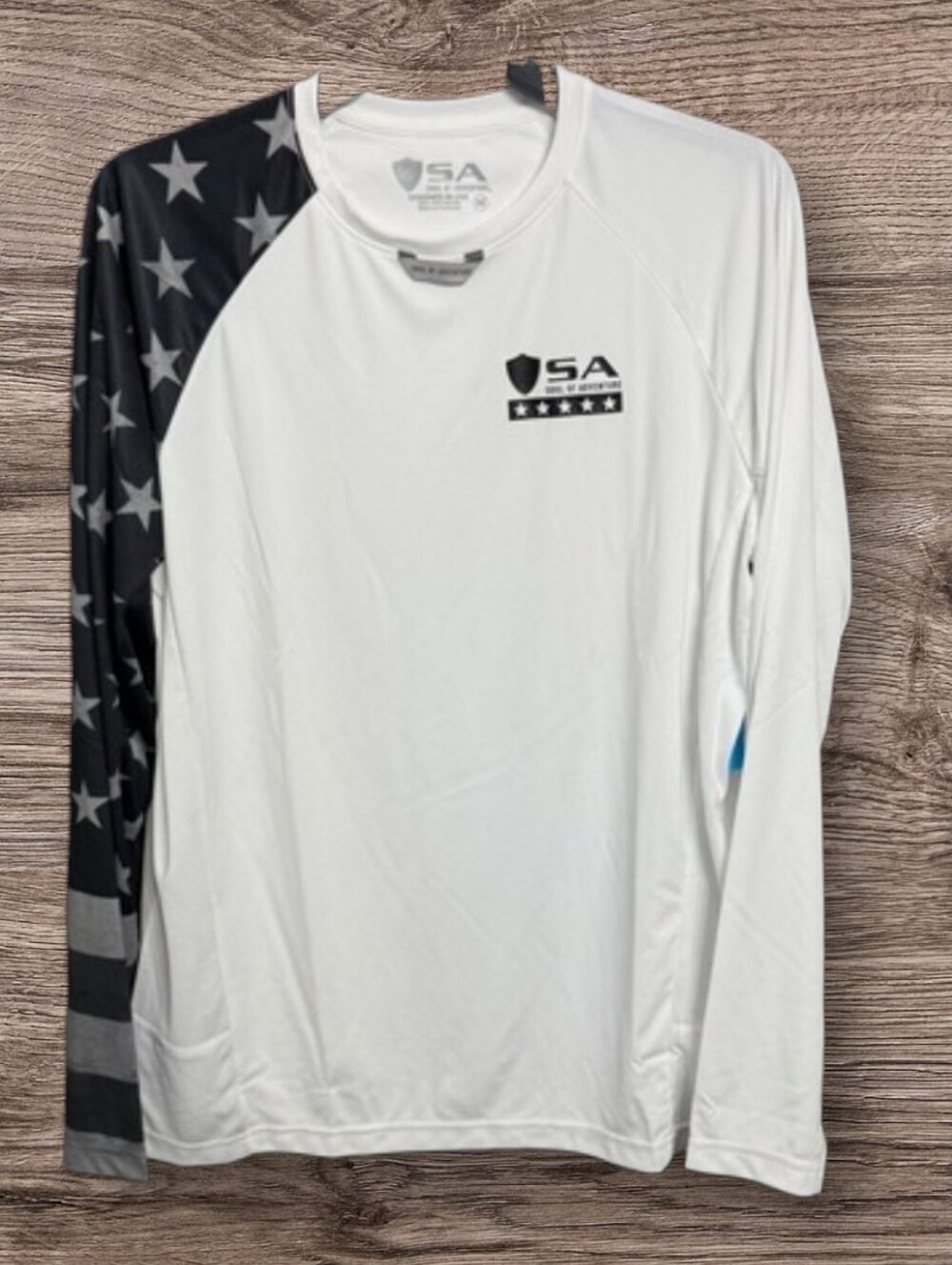 Shield Long-Sleeve Performance Tee - White with Black Flag Sleeve
